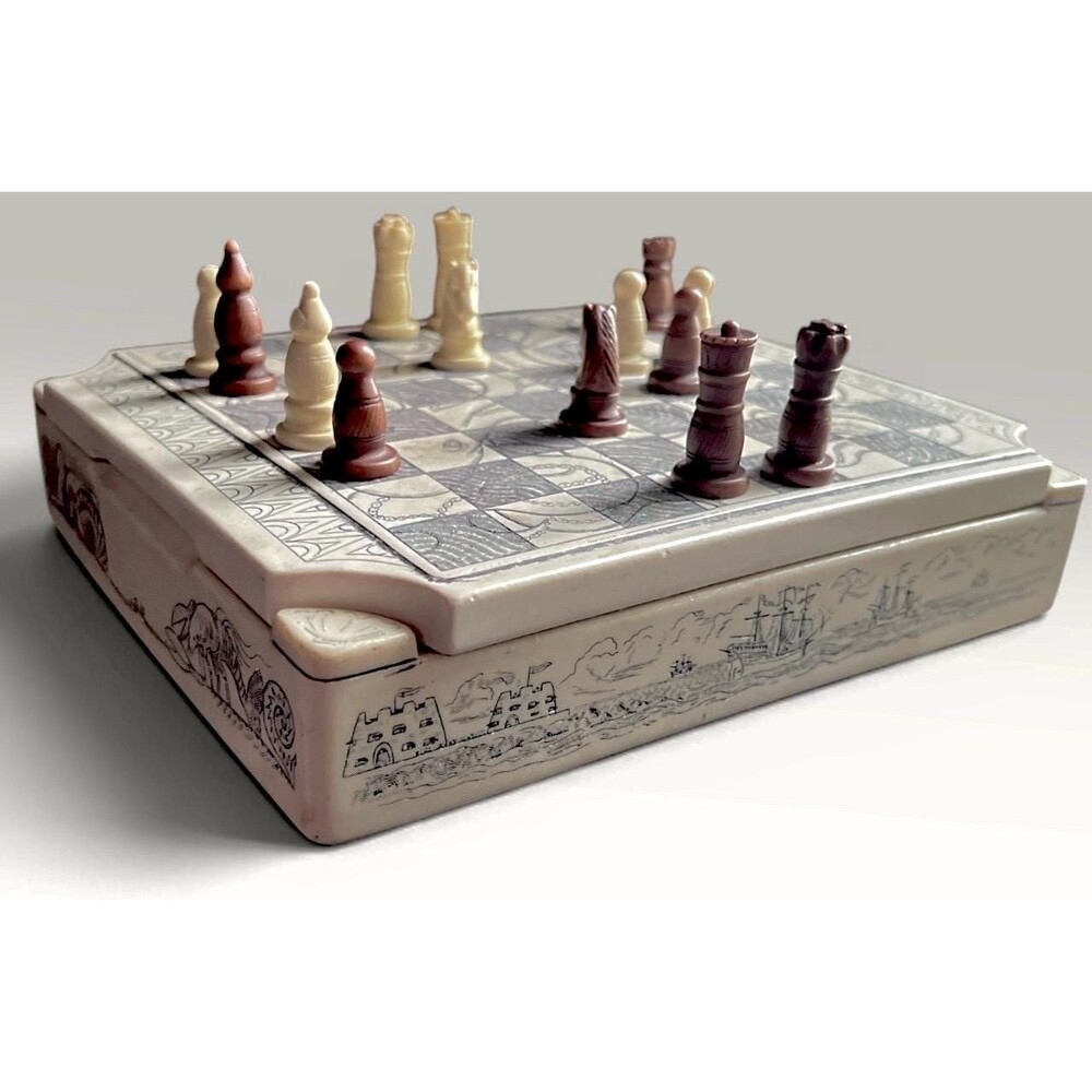 Vintage Comoy’s of London Scrimshaw Chess Set | Nautical | Made in England EUC